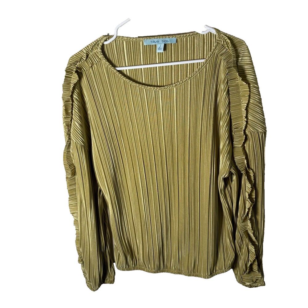 Blue Sol Blouse Women's Large Green Ruffle Pleated Long Sleeve Top Shirt